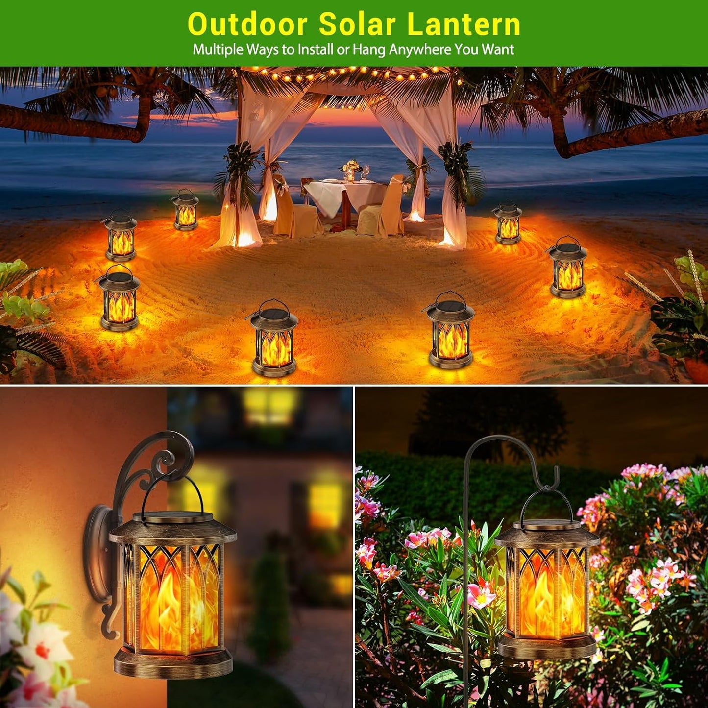 Solar Lanterns Outdoor - 4 Pack Waterproof Flickering Flame Lights for Garden & Yard Decor (Bronze)