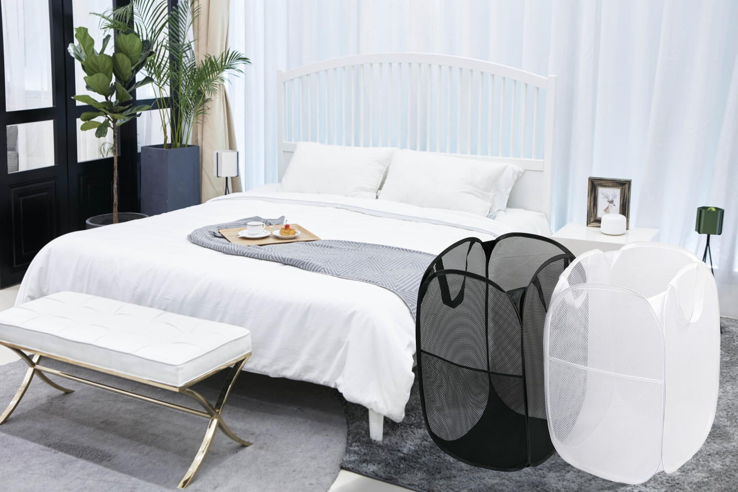 2 Pack Laundry Basket,Foldable Mesh Pop-up Laundry Hamper with Durable Handle,Easy to Open and Fold for Dorm, Laundry Room, Bedroom, RV… (White+Black)