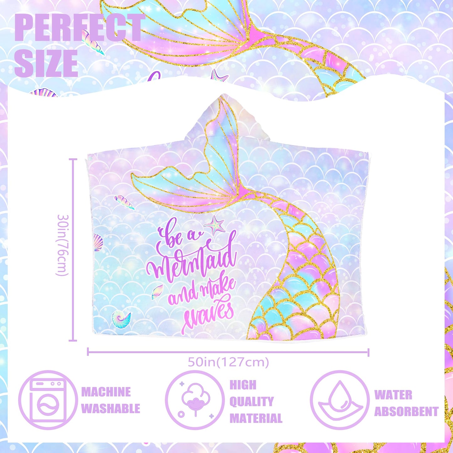 Mermaid Hooded Beach Towel for Girls - Kids Poncho Towel With Tail, Soft Absorbent Bath Towel With Hood, Pink Scales, 30"x50" - Bathrobe for Swim Pool Bath