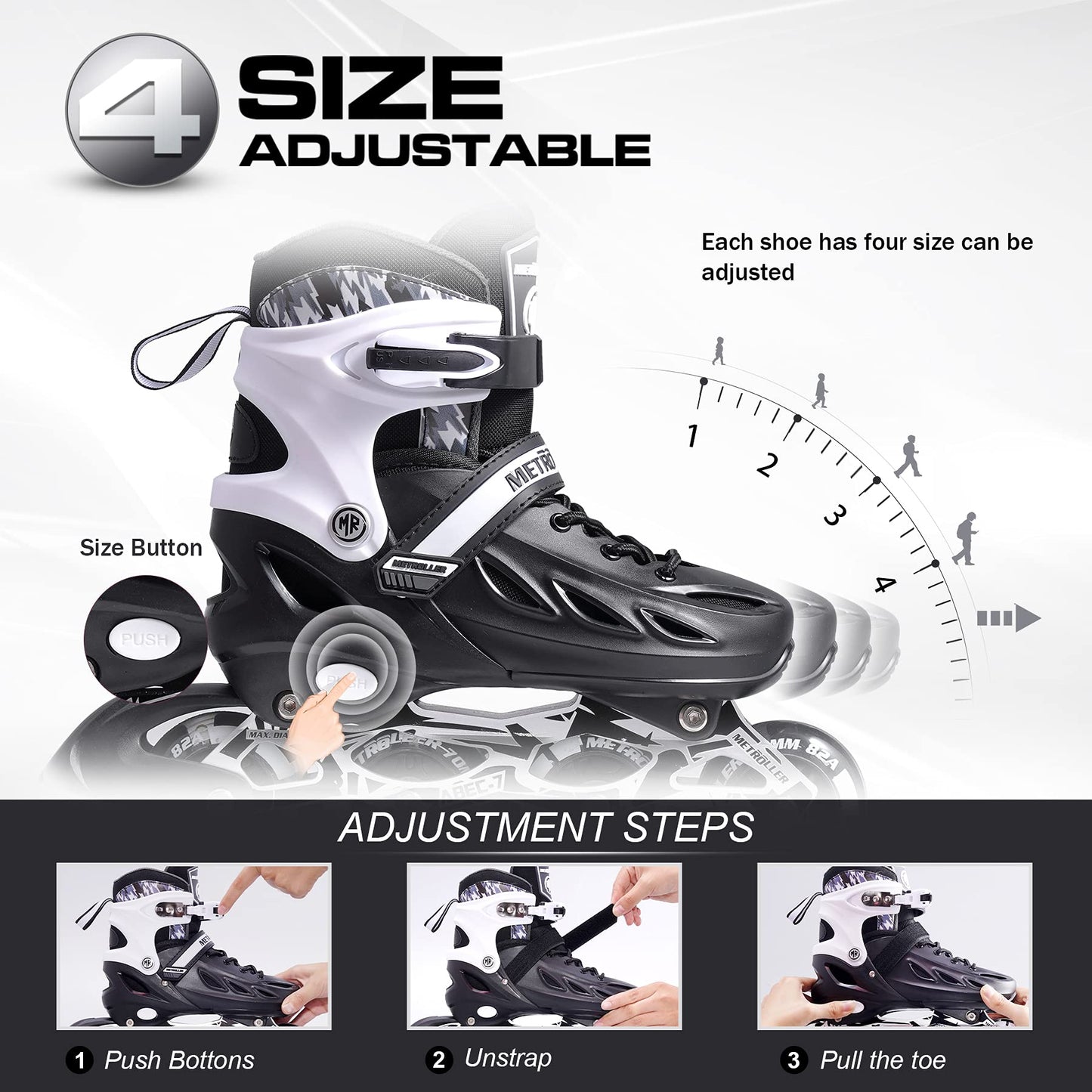 METROLLER Inline Skates for Girls and Boys, Women, Men 4 Sizes Adjustable Inline Skates with Light Up Wheels, Illuminating Beginner Skates for Kids & Adult Youth.