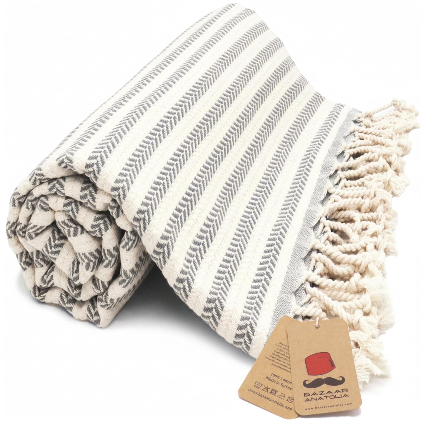 Bazaar Anatolia Turkish Beach Towel, 100% Cotton, 71x39 in, Arpa Grey