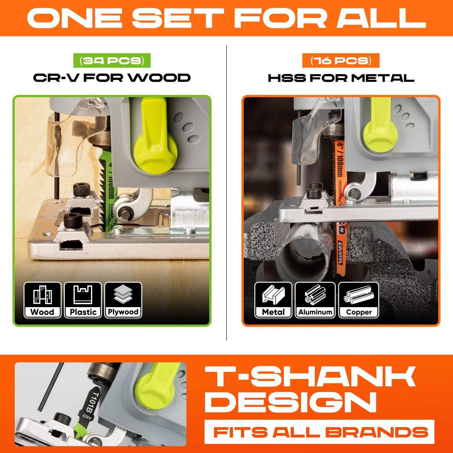 EZUVITA 50-Piece Jigsaw Blades Set with Storage Case–CR-V&HSS Steel, Assorted T-Shank Replacement Jig Saw Blades for Cutting Wood, Plastic and Metal