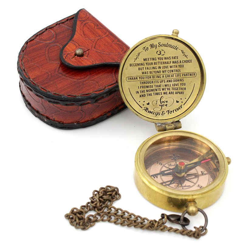 5MoonSun5's Brass Compass to My Soulmate Thank You for Being a Great Life Partner Engraved Valentine Anniversary Birthday Gift with Leather Case