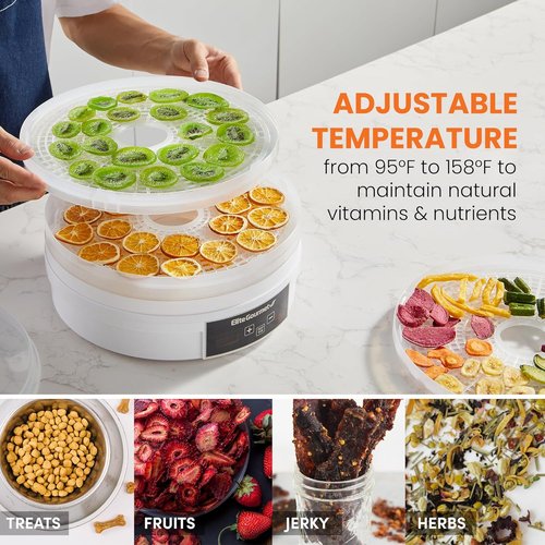 Elite Gourmet Digital Food Dehydrator - 5 BPA-Free Trays, Adjustable Timer & Temperature Control | White