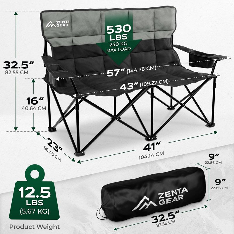 ZENTA GEAR Oversized Fully Padded Double Camping Chair, Portable Folding Loveseat w/Side & Back Pockets, Adjustable Armrests, Double-Sized Cup Holders for Outdoor, Indoor, Supports 530LBS (Black)