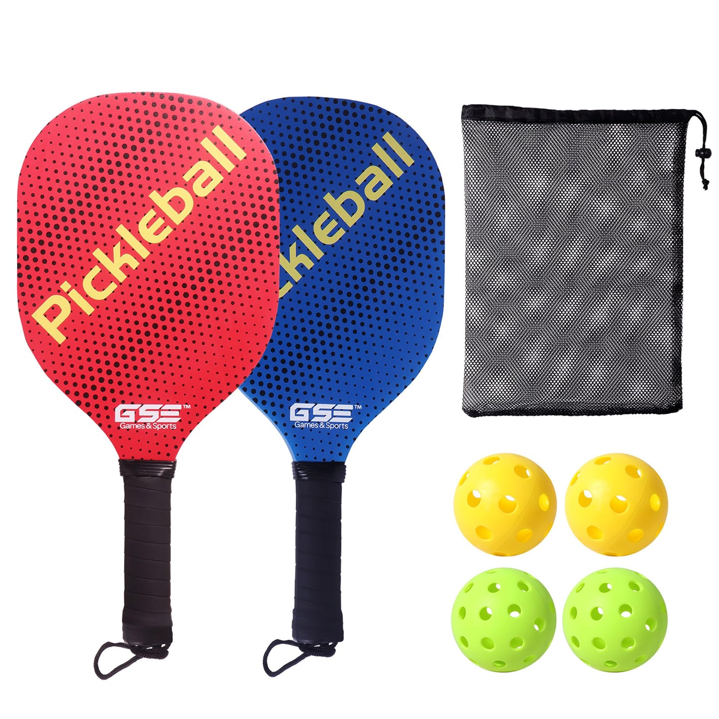 GSE Games & Sports Expert Pickleball Paddles Set of 2 Lightweight Rackets, 4 Indoor/Outdoor Pickle-Balls & Mesh Carrying Bag for Men, Women, Family and Friends