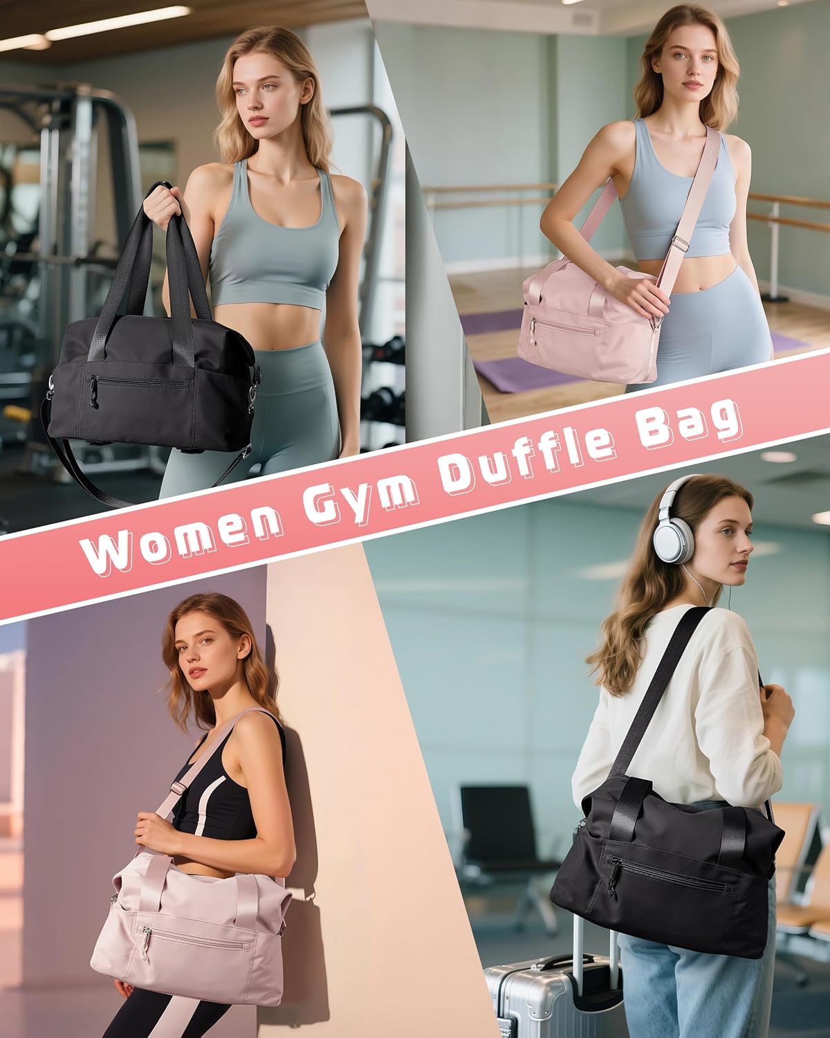 Smasrob Small Gym Bag - Yoga Mat Holder, Wet Pocket & Detachable Crossbody Strap | Black Duffle for Women