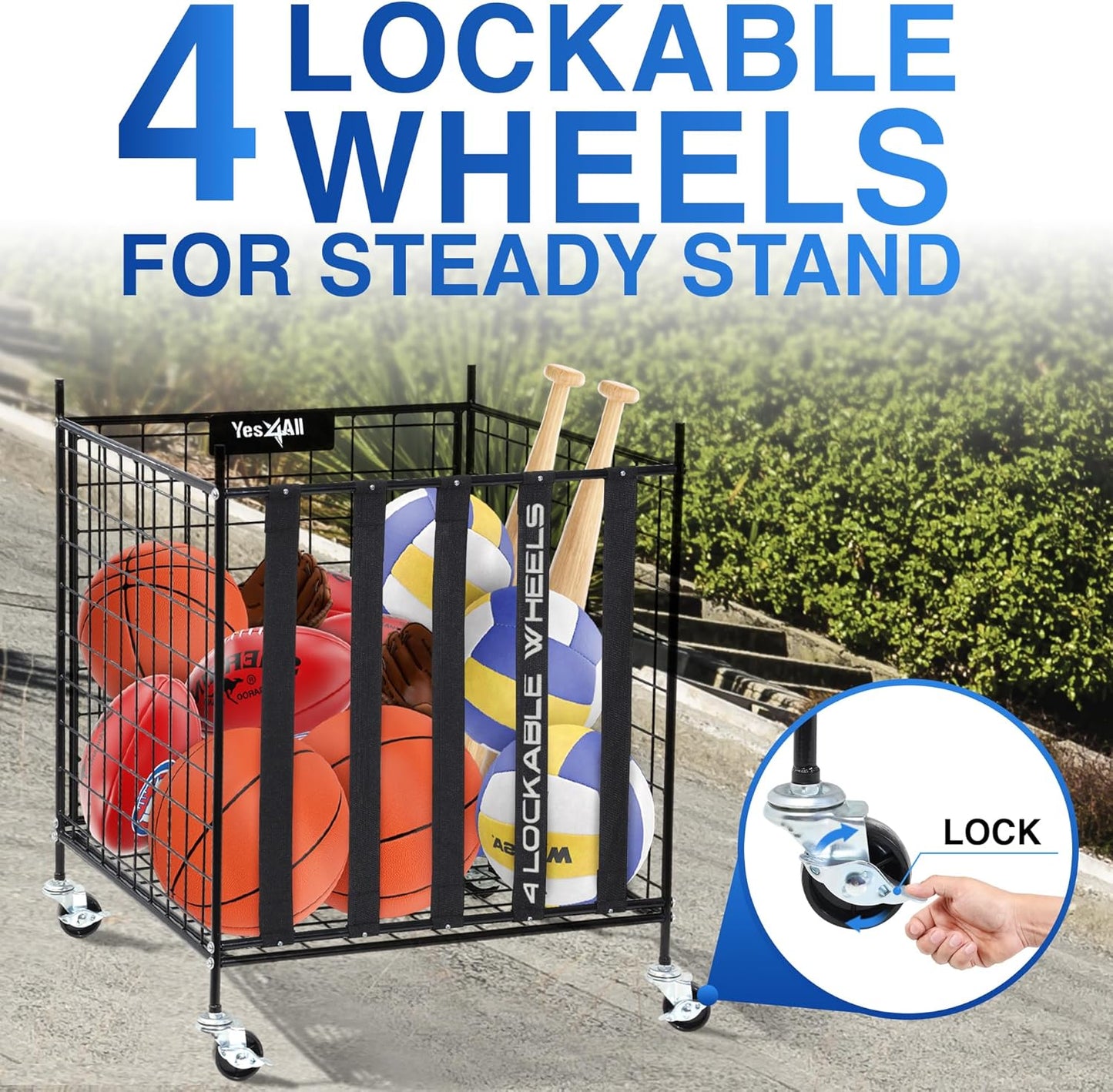 YES4ALL Rolling Ball Cart - Lockable Wheels Sports Equipment Organizer | Ideal for Volleyball & Basketball Storage
