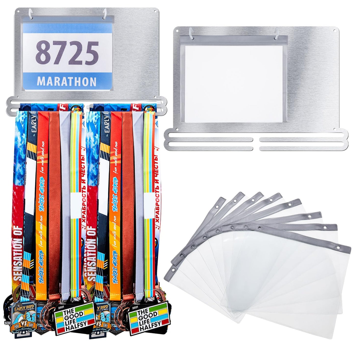 Moxweyeni Race Medal and Bib Display Medal Hanger Running Bib Holder Wall Mounted Hanging Rack stands Gifts for Runners(Silver,15.8 x 10.7 Inch,Stylish)
