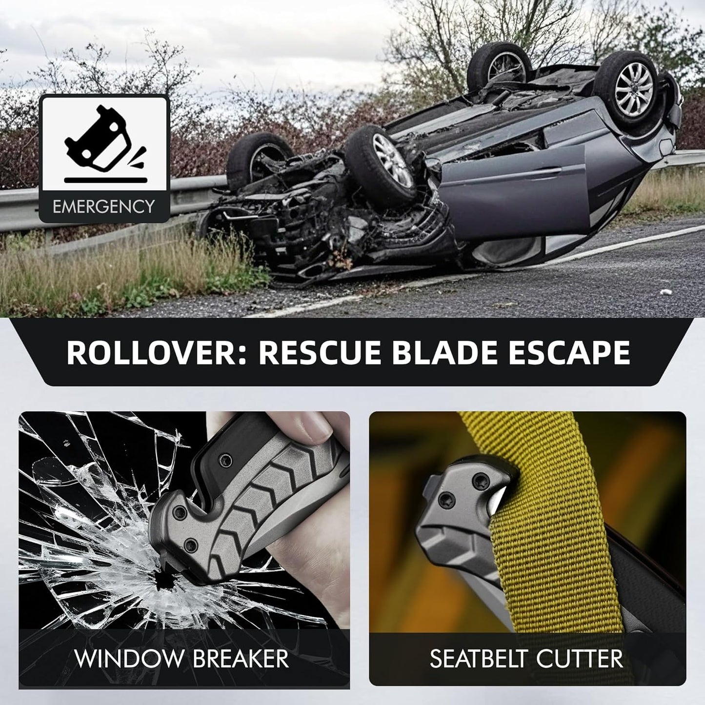 NedFoss FA46N EDC Pocket Knife - 3.35" Tactical Rescue Knife with Glass Breaker & Seatbelt Cutter | Ultralight Grey Aluminum Handle