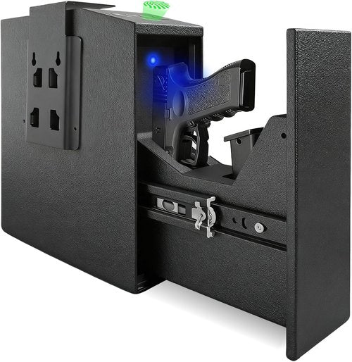 Biometric Pistol Gun Safe - Quick Access Auto Sliding Door | Fingerprint, PIN & Key Security Box - Ideal for Nightstand & Truck