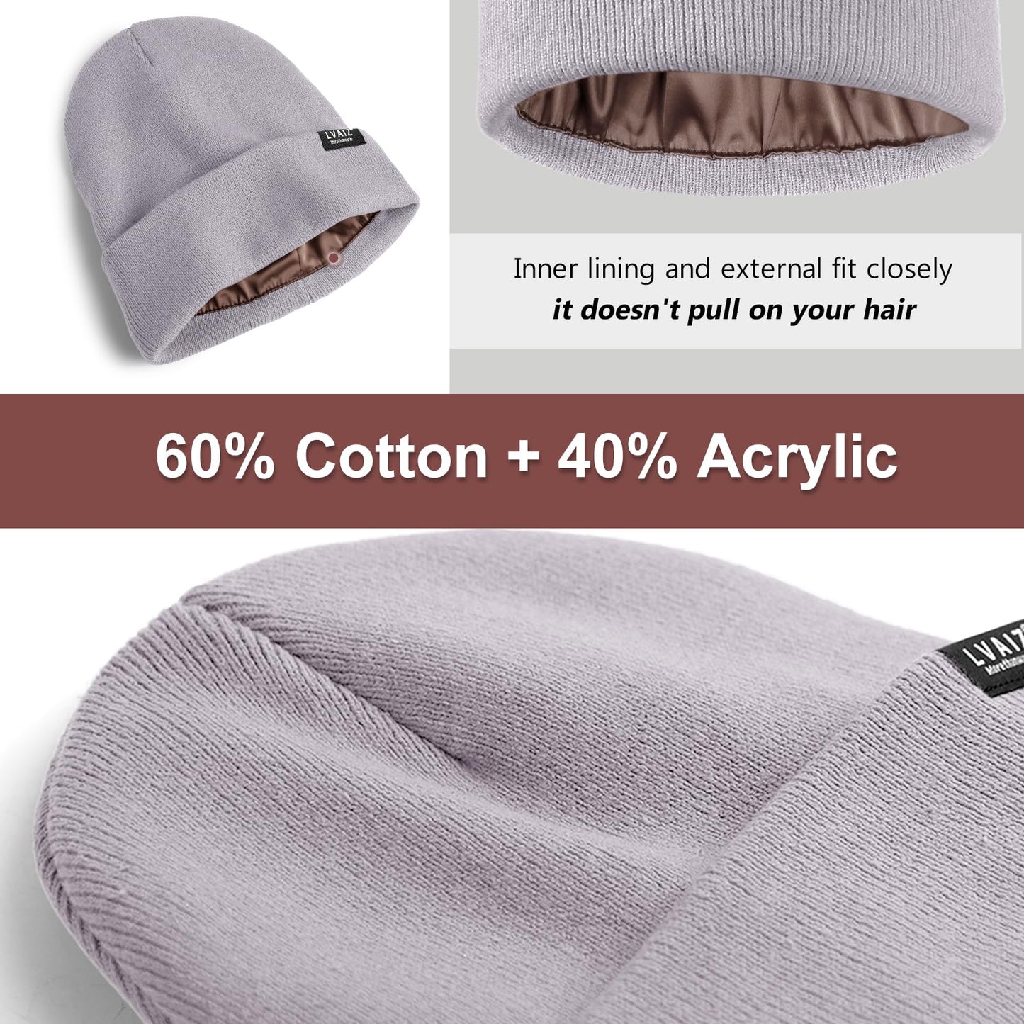Satin Lined Winter Beanie Hats for Women Unisex Cotton Knitted Cuffed Knit Hat with Silky Lining Slouchy Skull Cap Purple