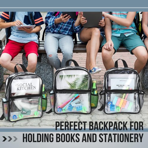 Sweetude 6 Pcs Clear Backpack bulk 11.4 x 9.5 x 5.1 Inch Bag Stadium Approved Plastic Transparent Backpack with 2 Water Holders (Black)