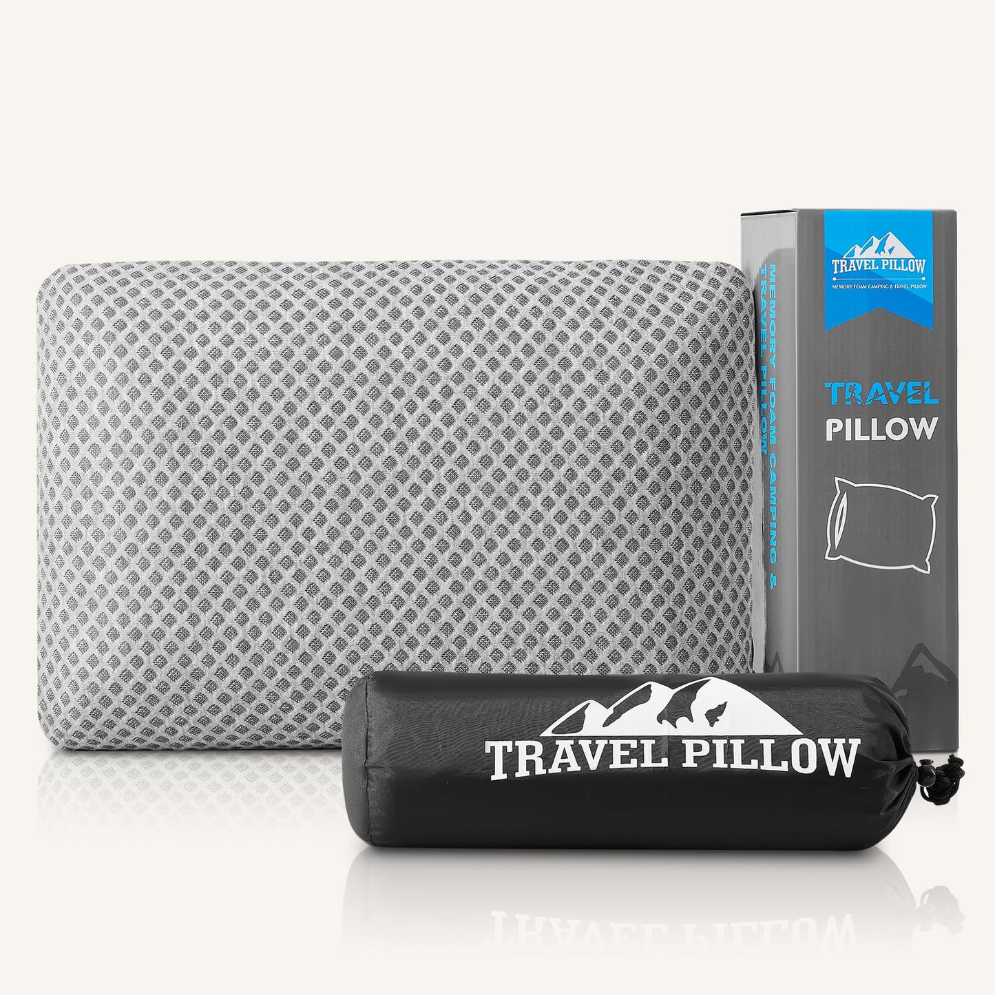 PEUJEW Travel Pillow Memory Foam Pillows, Camping Pillow-Compressible Medium Firm, Breathable Cover, Ideal Backpacking Hiking, Bed Pillows, Airplane and Car (Light Grey, S)