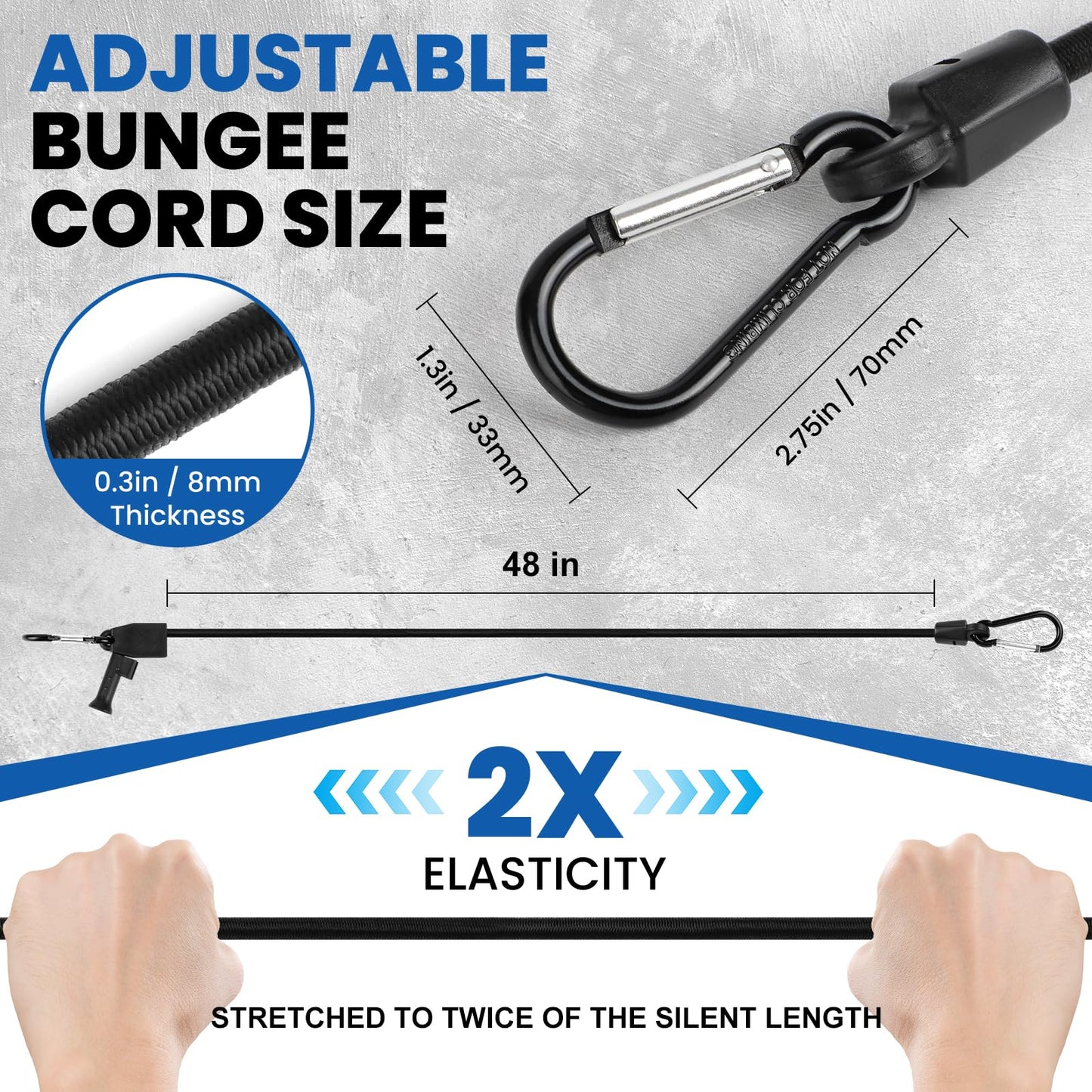 Joneaz 8 Pcs 48 inch Bungee Cords with Hooks Adjustable Heavy Duty Black, UV Resistant Shock Strap with Carabiner Style Clips,4 Spare Parts Offered