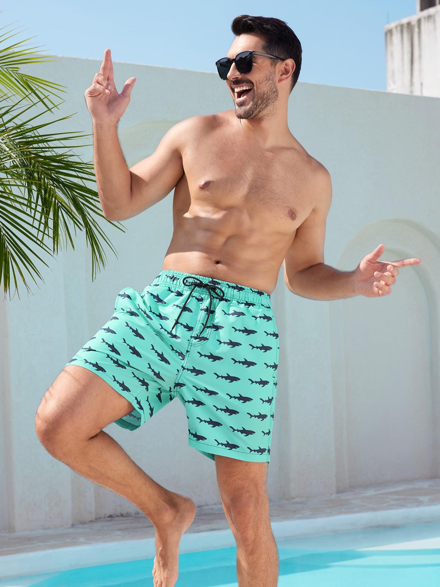 SILKWORLD Mens Swim Trunks Quick Dry Bathing Suits, Blue Shark, M