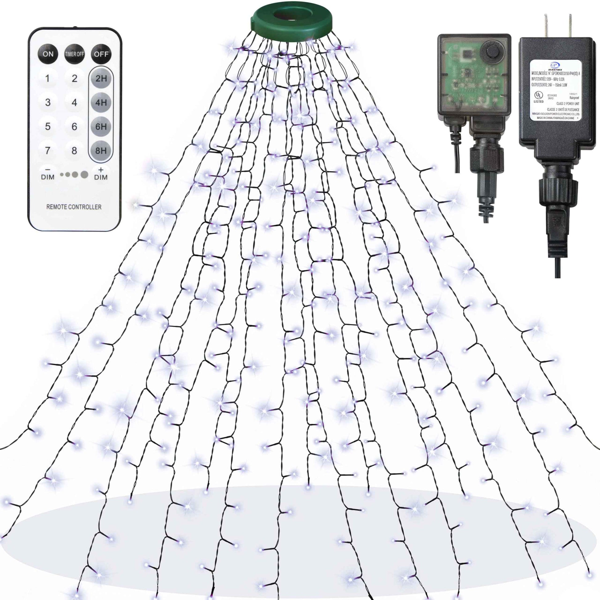 Outdoor 8.1 FT 16 Lines White Christmas Tree Lights with Ring, 448 LED Christmas String Lights with 8 Modes& Timer, Cascading Twinkle Light for Xmas Tree Tent Party Yard Decoration