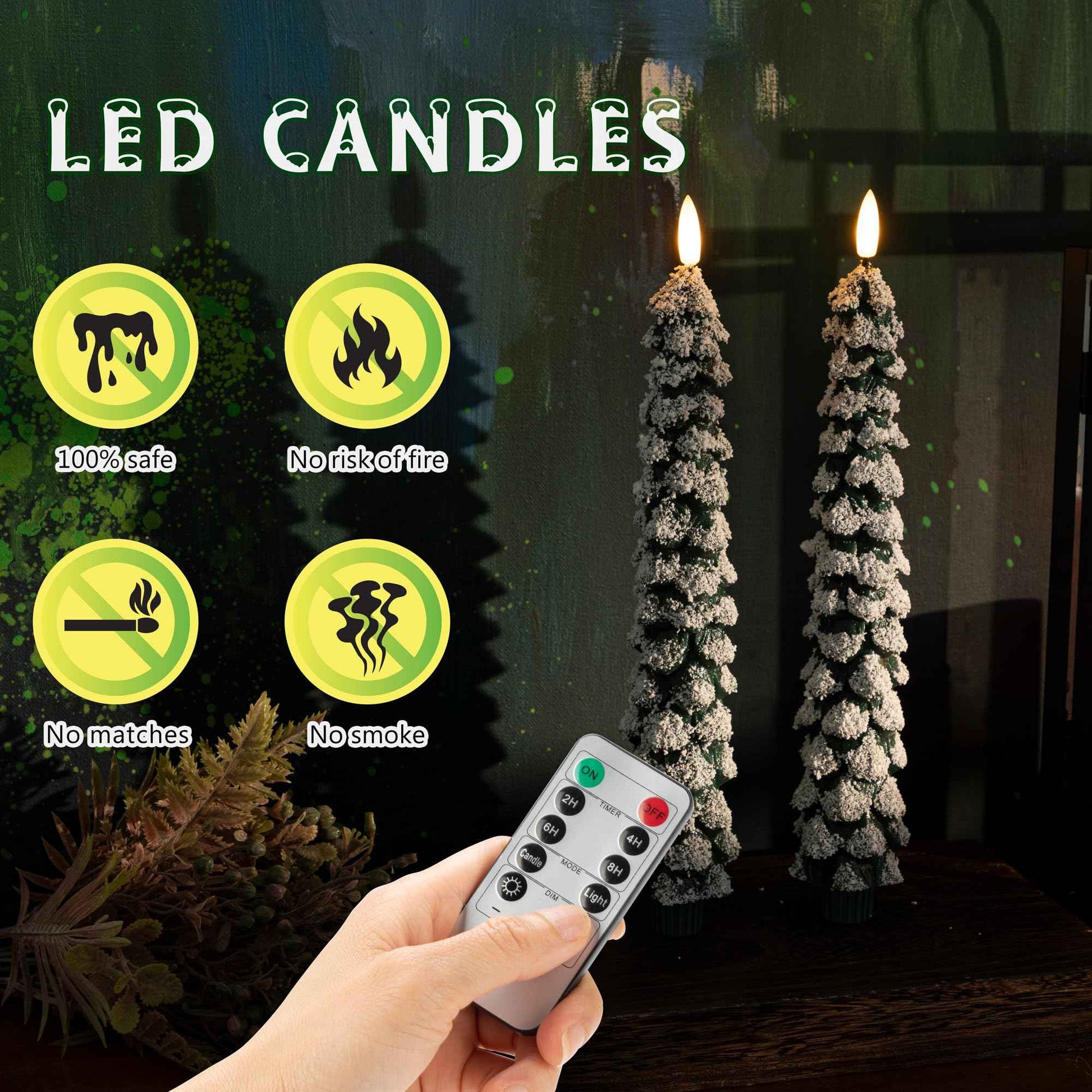 AFINETH Christmas Tree Candles With 3D Wick, 11.4" Green Real Wax Flameless Taper With Remote, Flickering LED Xmas Candlesticks Battery Operated for Home, Party Decor, 2 Pack