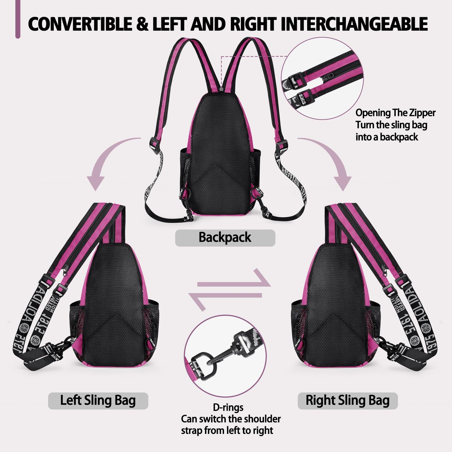 Geestock Convertible Sling Bag for Women Men, Lightweight Crossbody Backpack Daypack Chest Bag Fit 7.9" Tablet for Travel, Sport, Hiking & Commute, Purplishred, 7.09in×3.15in×12.60in