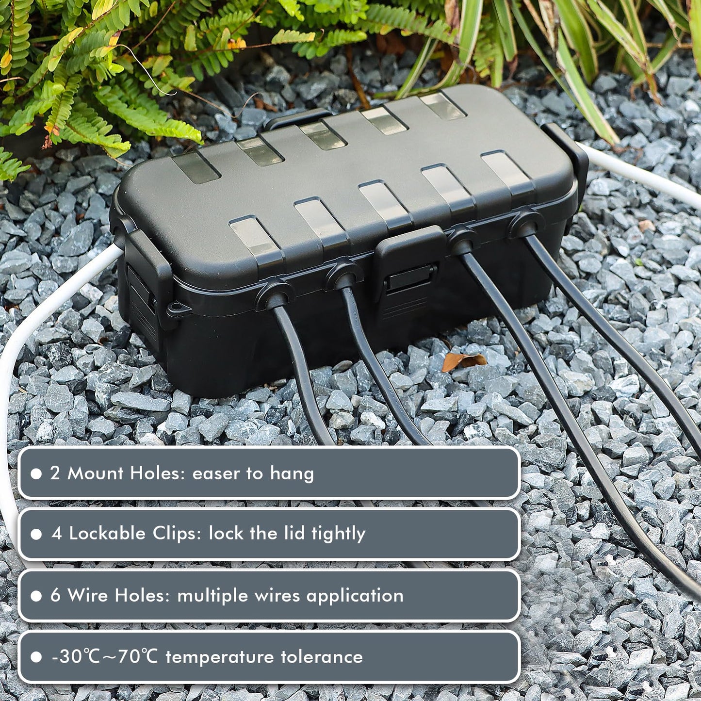 RESTMO Outdoor Electrical Box, IP54 Weatherproof Extension Cord Cover with 6 Cable Entry Ports, Waterproof Connection Box Protect Power Strip, Timer, Plug, Holiday Lights, (11.5x5.2x4 inch), Black