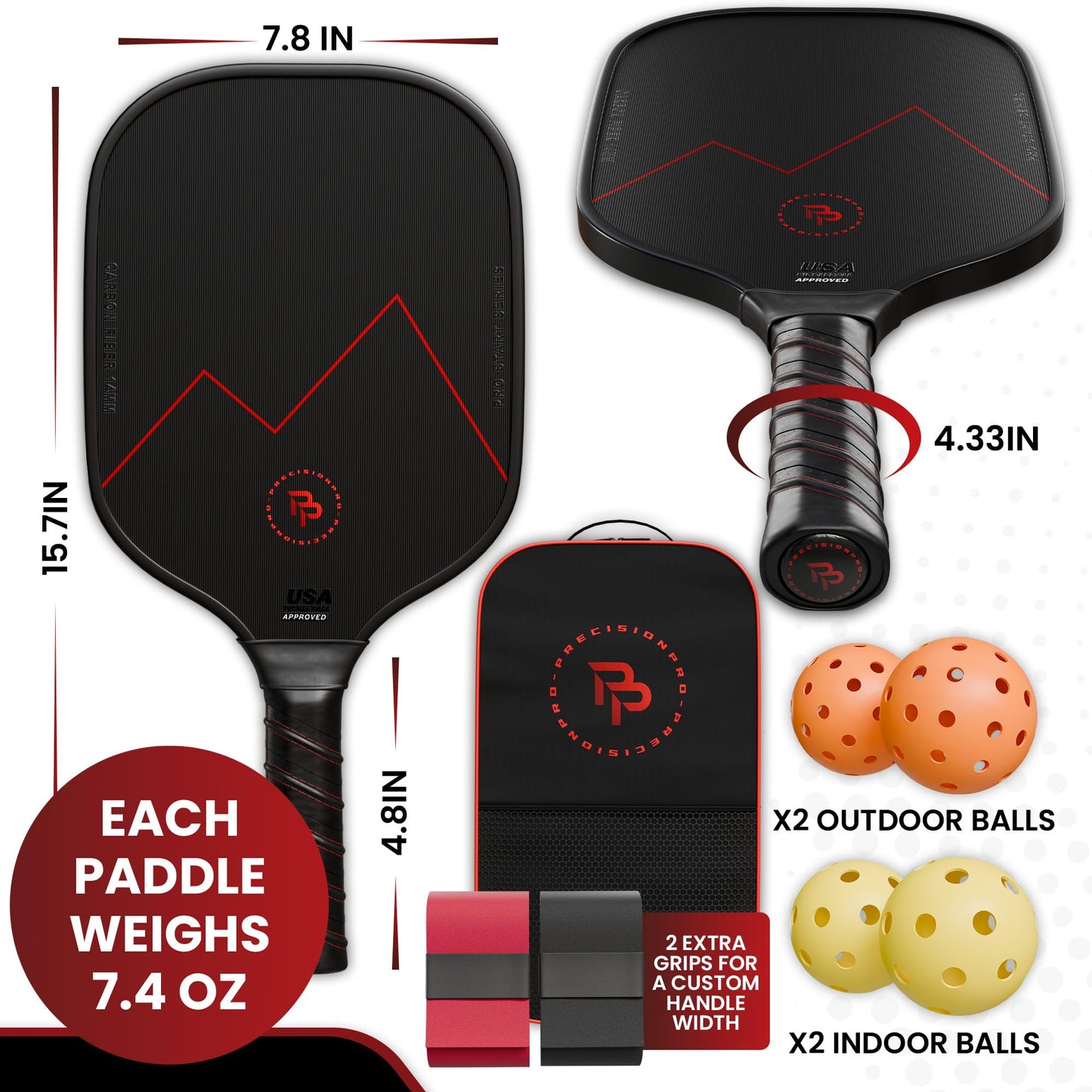 Precision Pro Carbon Fiber Pickleball Paddles Set of 2 — USAPA Approved, T700 Carbon, 14mm Honeycomb Core, 4 Indoor Outdoor Balls, Carry Bag, Pickleball Set for Beginners and Intermediate Players
