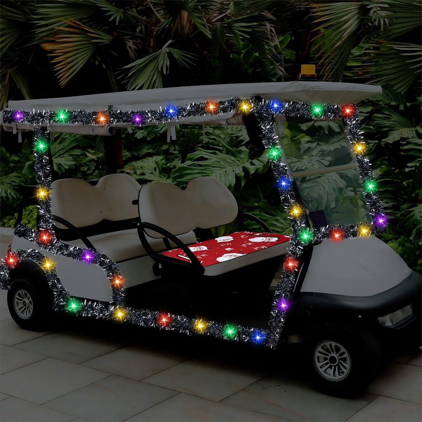 HunnmingRe 2 Pcs Christmas Golf Cart Decorations Christmas Golf Cart Seat Covers Silver Tinsel Garland with LED Lights Golf Cart Accessories Christmas for Christmas Tree Golf Cart Decorations