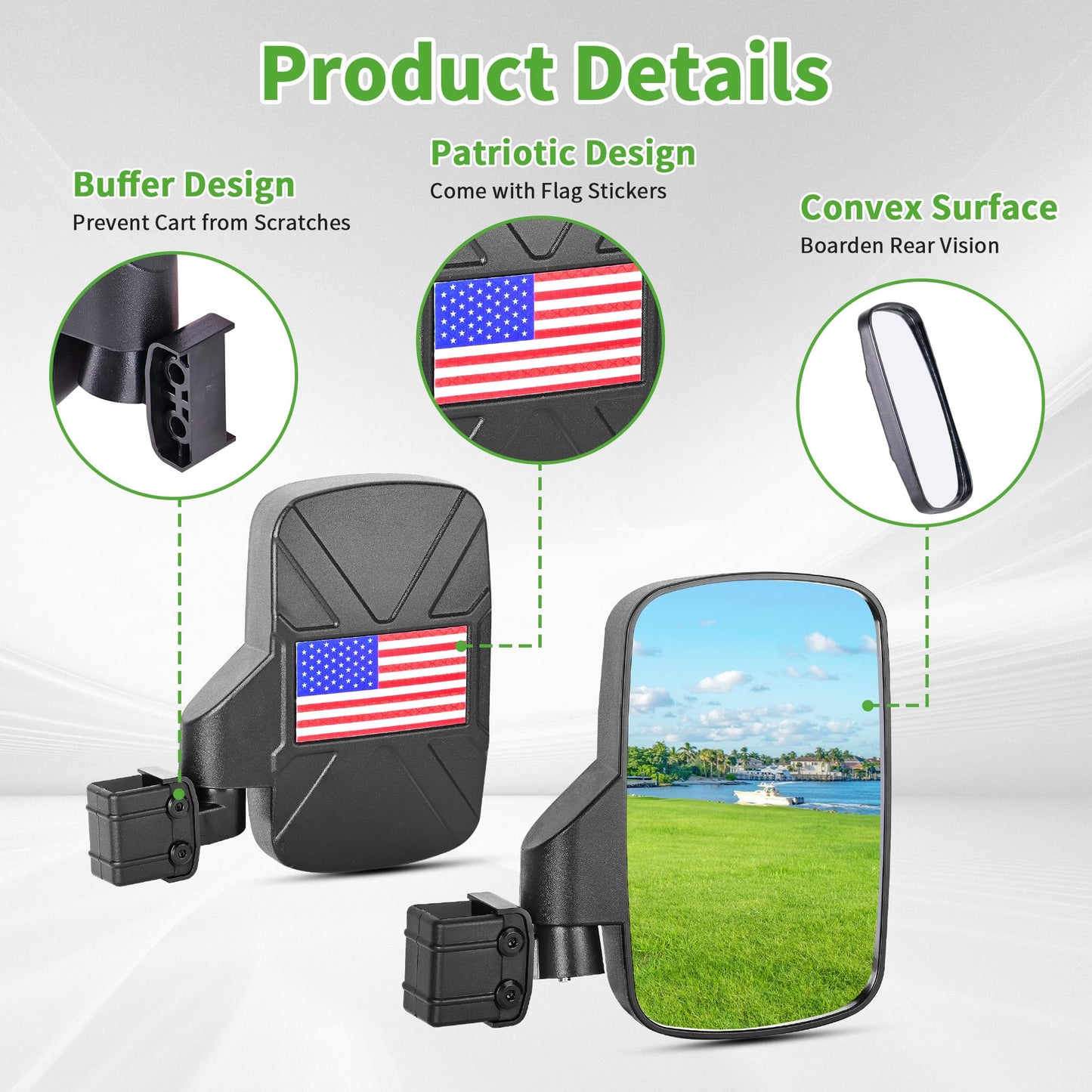 10L0L Golf Cart Mirror Side No Drilling Required, Patriotic Style Folding Mirror Universal Fits Yamaha, Club Car, EZGO, Golf Cart