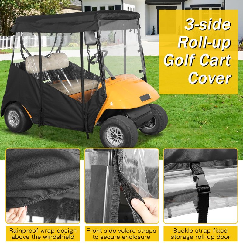 SANXIACAR Golf Cart Enclosure 2 Passenger for EZGO TXT 2 Seater Open Front Windshield 3-Sided Clear Windows Waterproof Transparent Driving Rain Covers Roll-up Zipper Door Black (with Seat Blanket)
