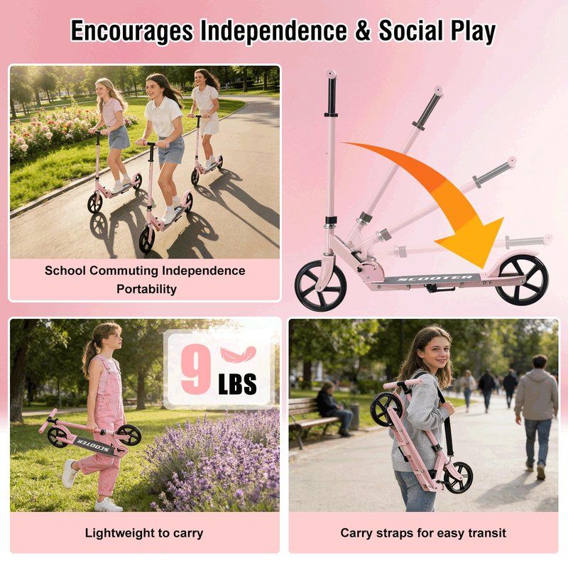 Scooter for Age 6+, with Carry Straps, Folding Kick Scooters for Kids 8-12,Teens, Adults up to 250Lbs,3 Adjustable Height, Rear Brake, Wide Antislip Deck, Lightweight Scooter for Boys Girls