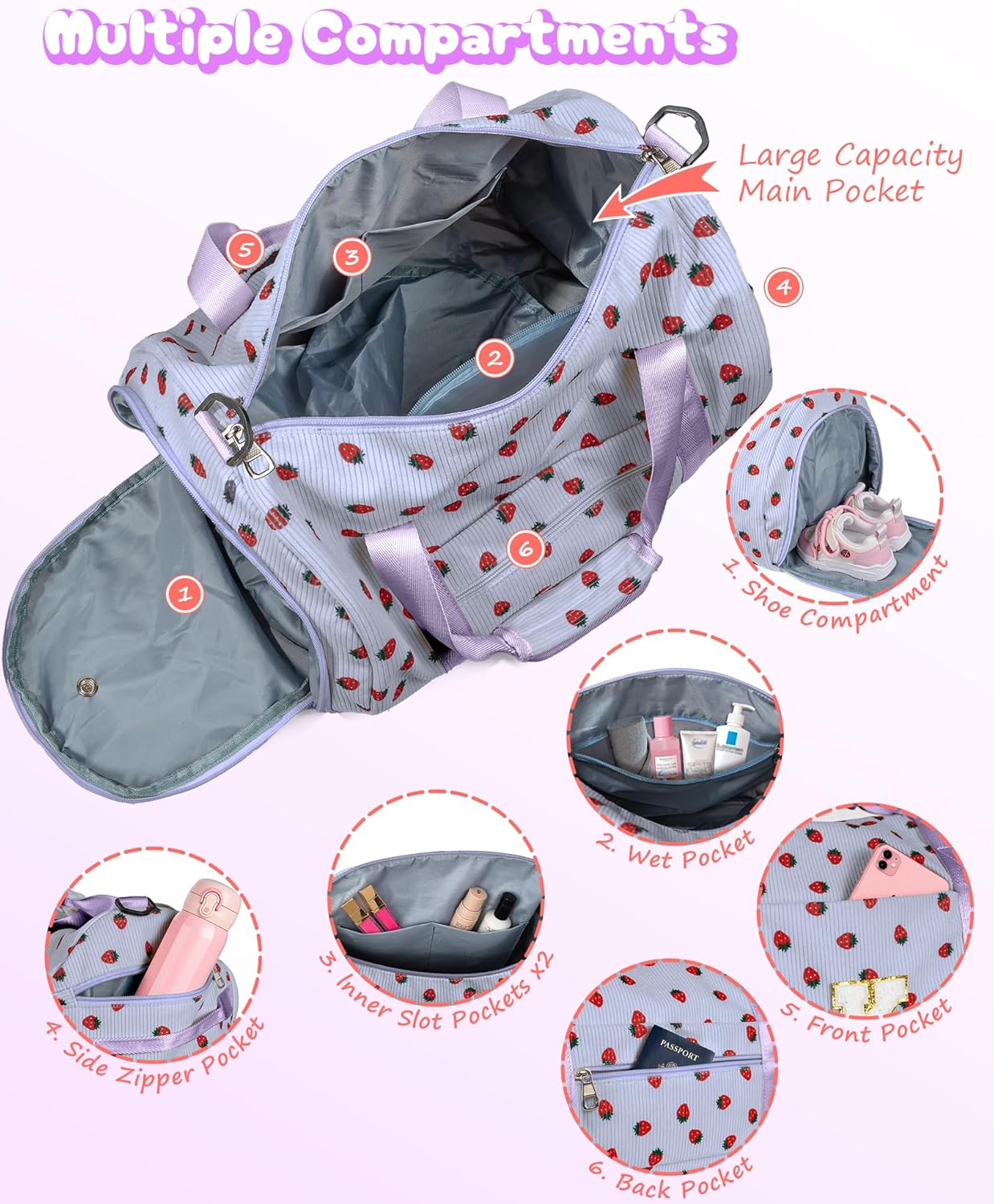 Skiennix Personalized Girls Gym Bag - Stylish Overnight Duffle with Shoe Compartment & Makeup Bag | Gift for Dance Recital (Letter W)