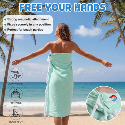 HunnmingRe Extra Large Magnetic Beach Towel - 39 x 71 Inch Sandproof Turkish Blanket in Green