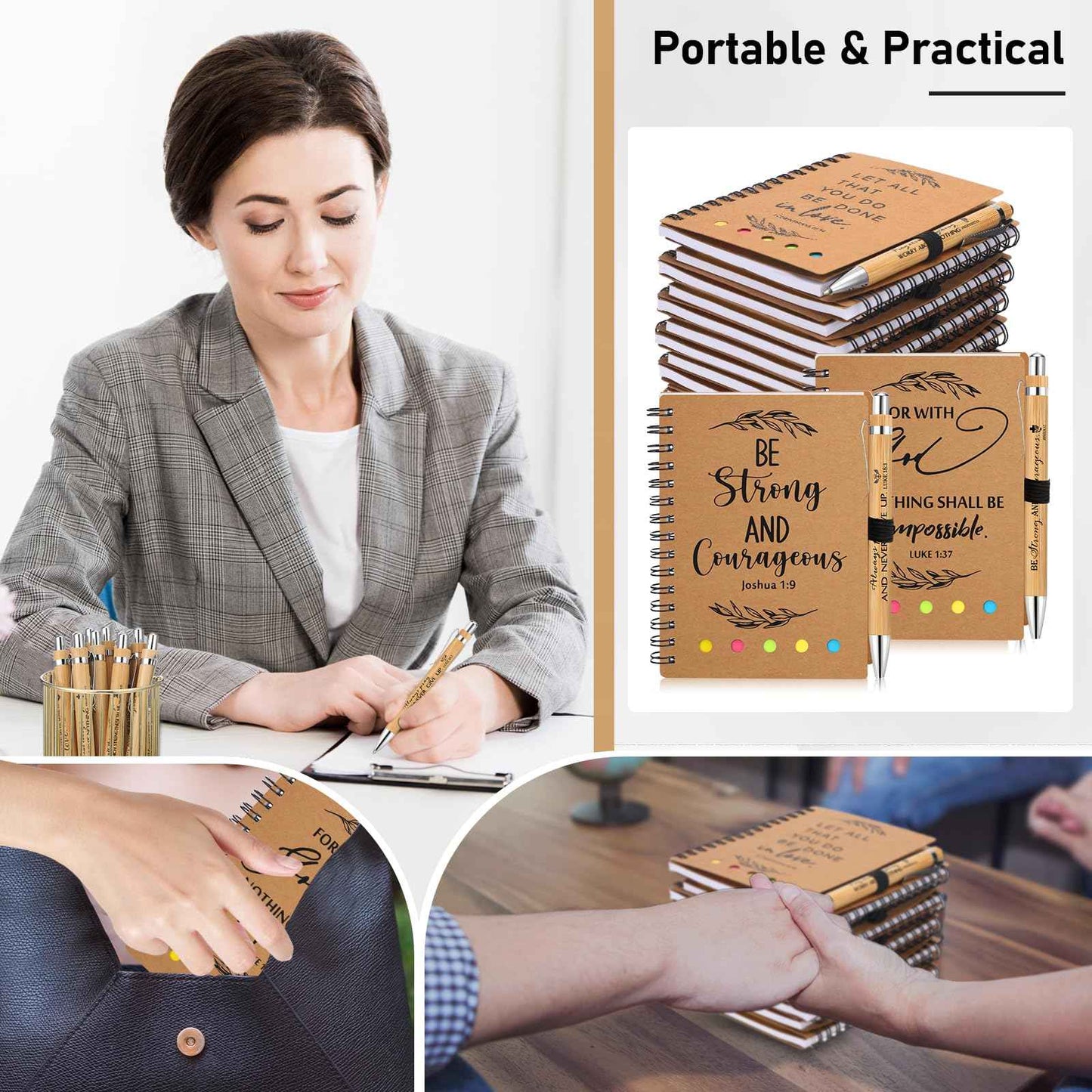 Spakon 20 Set Christian Gifts Bulk Church Gifts Religious Notebook Spiral Bible Verse Bamboo Pens Mini Bible Study Journal for Sunday School Employee Coworker Men Women (Brown)