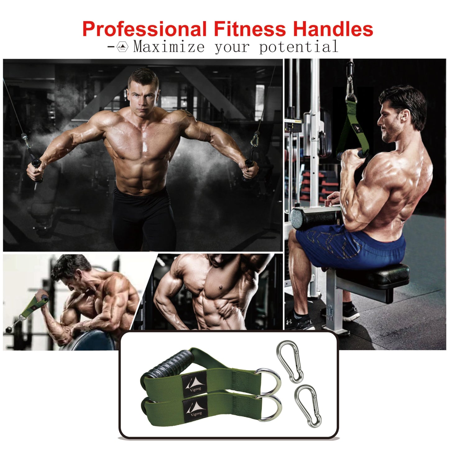 Vigoog Heavy Duty Gym Exercise Handles Attachment for Cable Machine,Resistance Band,Pulley System Home Fitness Workout Equipment, with Elastic Rubber Grip and 2 Large Carabiners (Military Green xw)