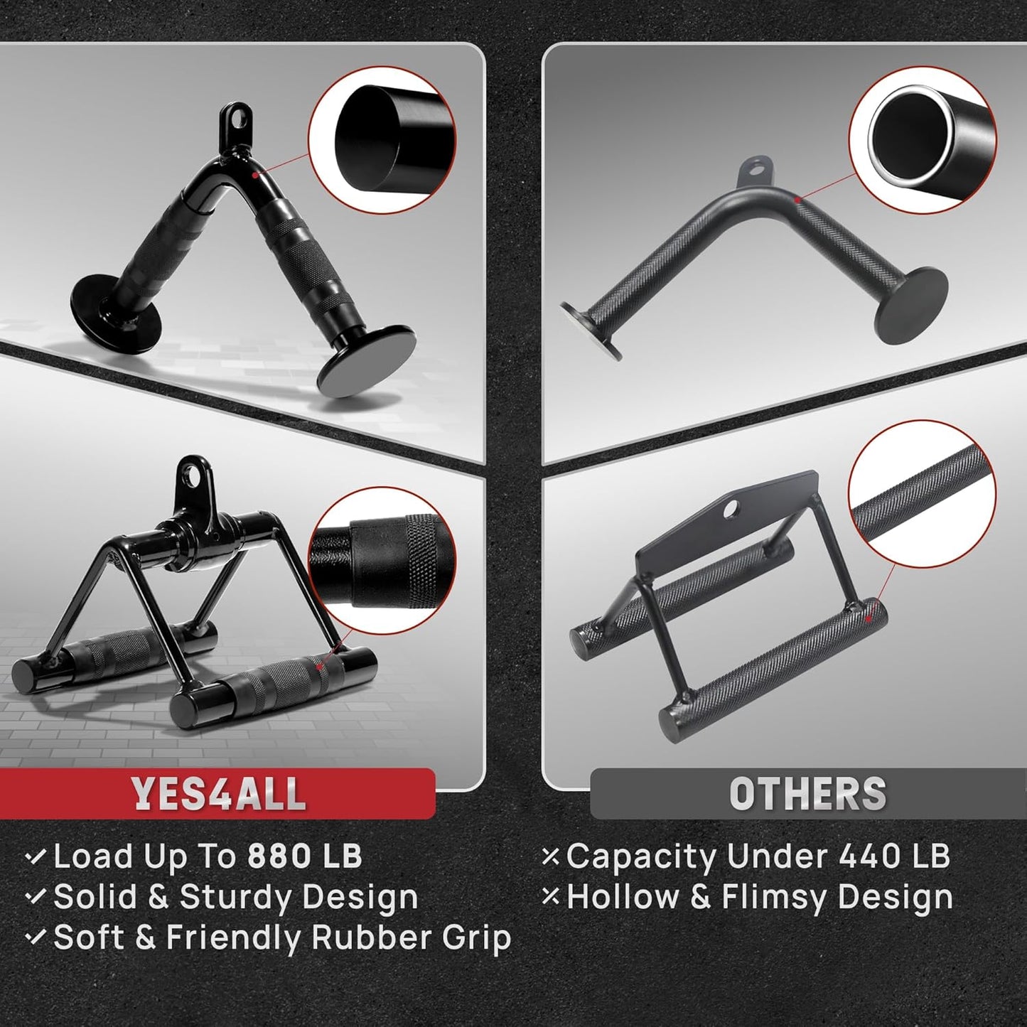 Yes4All Cable Machine Attachment - Versatile Row Handles & Tricep Rope | Supports 880 LB for Home Gym