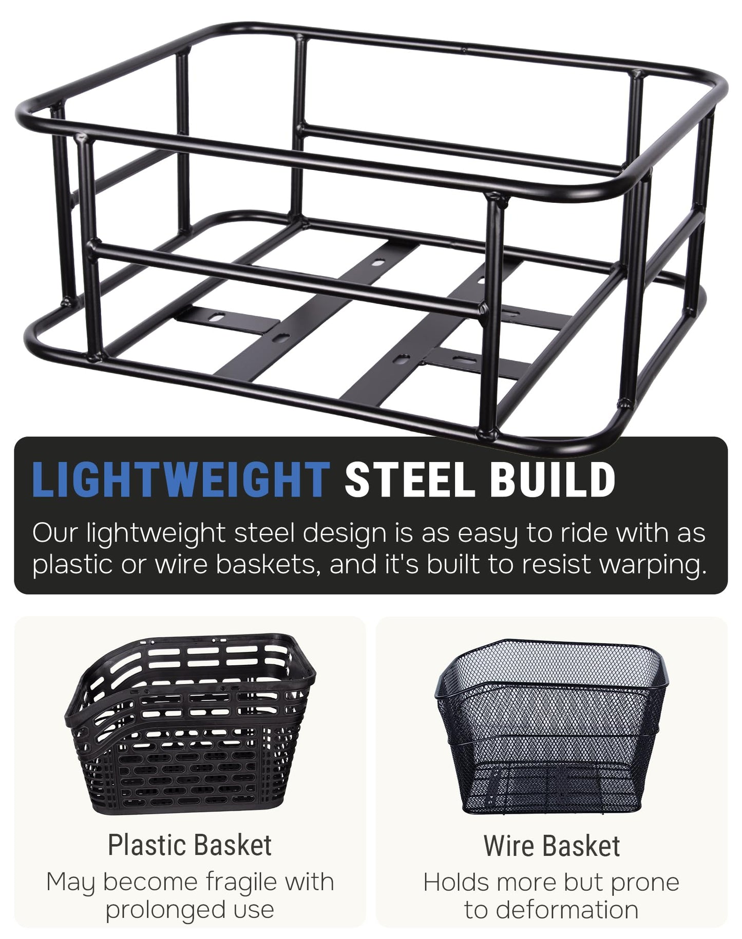 RoakyRoasy Lightweight Bike Rear Basket for Adults with Net and Liner, Steel Frame Bicycle Cargo Carrier Back Rack Mounted 20L Large Capacity, Light Yet Durable
