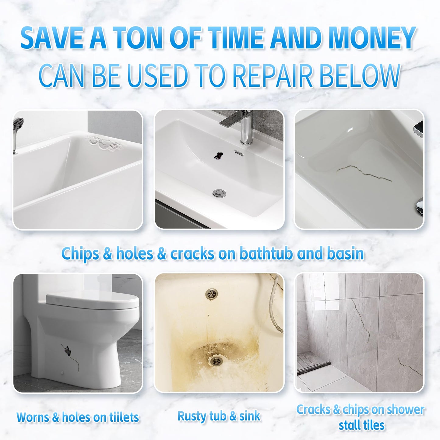 Porcelain Repair Kit White, Fiberglass Tub Repair Kit for Acrylic, Ceramics, Enamel, Tile, Repairs Chips, Cracks, Scratches, Holes on Tub, Tile, Bathtub, Toilet, Sink, Shower Tray