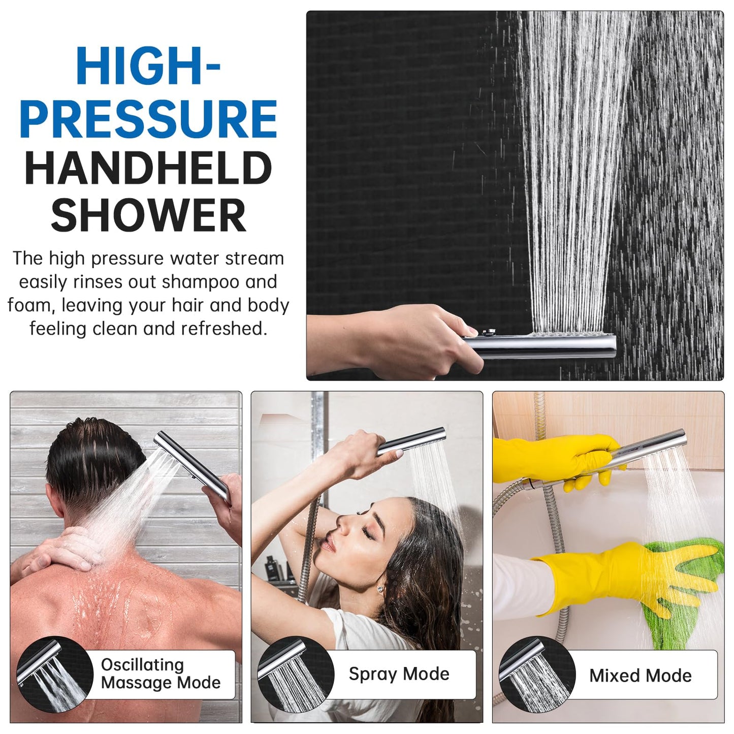 G-Promise All Metal Shower Diverter with Low Holder, Extended 13.5 Inch, Includes Rain Shower head, 3-Function Hand Shower with Massage Mode, Stainless Steel Long Hose (Chrome)