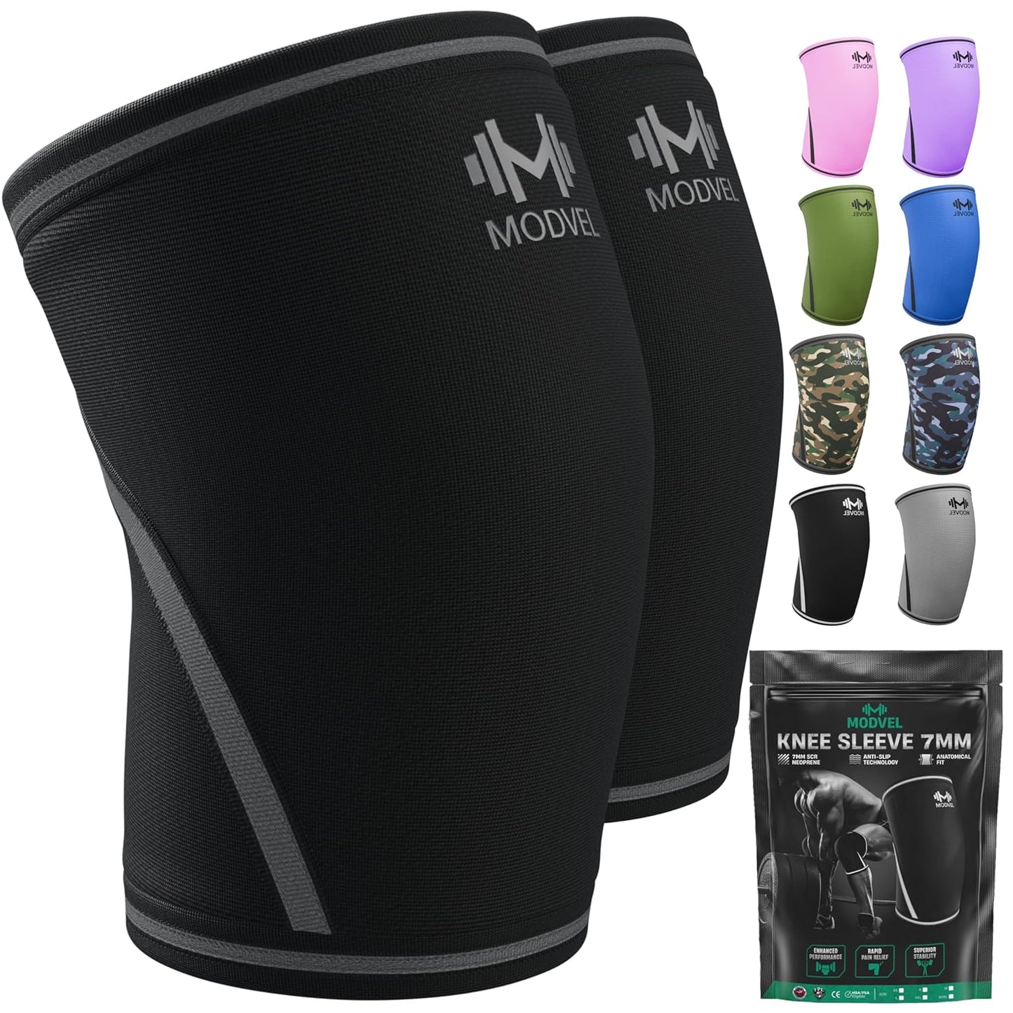 Modvel Knee Sleeves - 7mm Neoprene Compression Support for Weightlifting & Powerlifting - Medium Black (Pair)