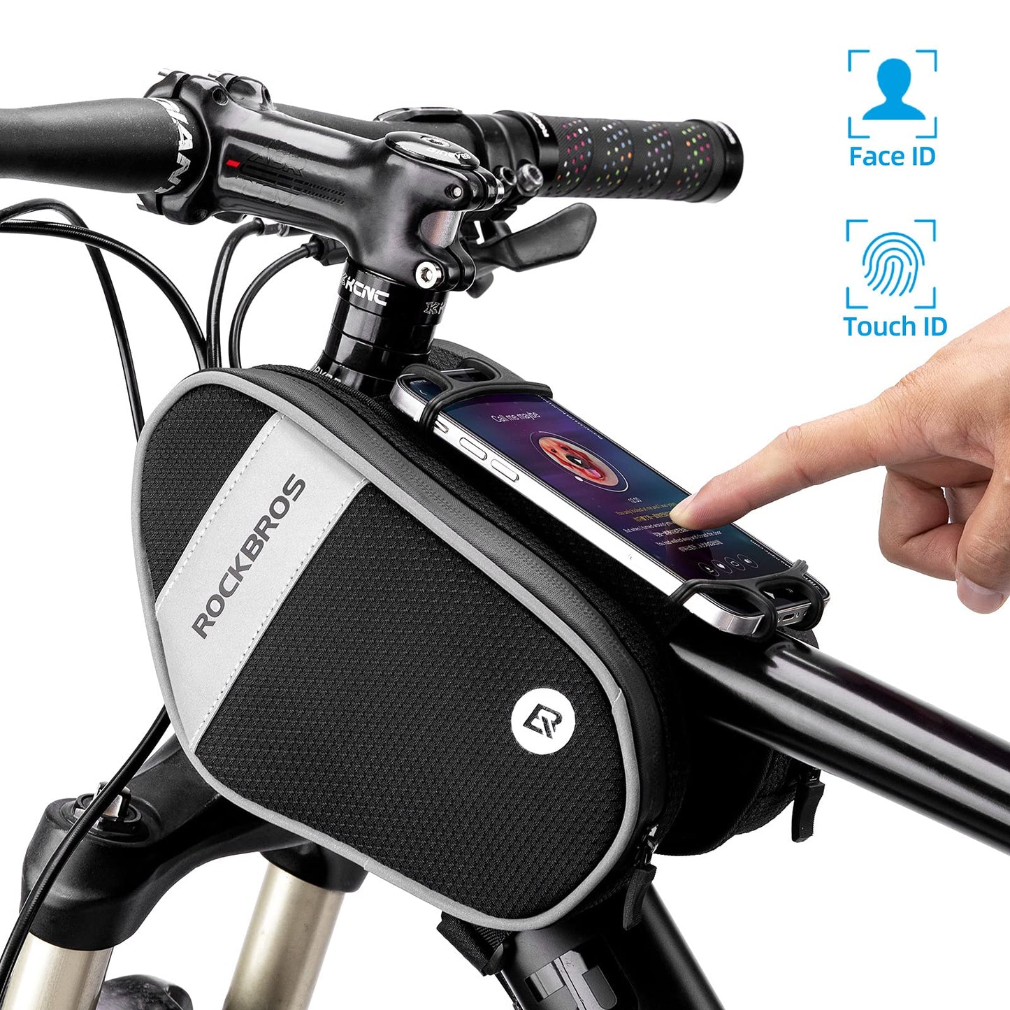 ROCKBROS Bike Front Frame Bag Top Tube Bike Phone Mount Bag Waterproof Bicycle Handlebar Cycling Accessories Pouch with 360° Rotation Phone Holder Fit Smartphone Below 7''