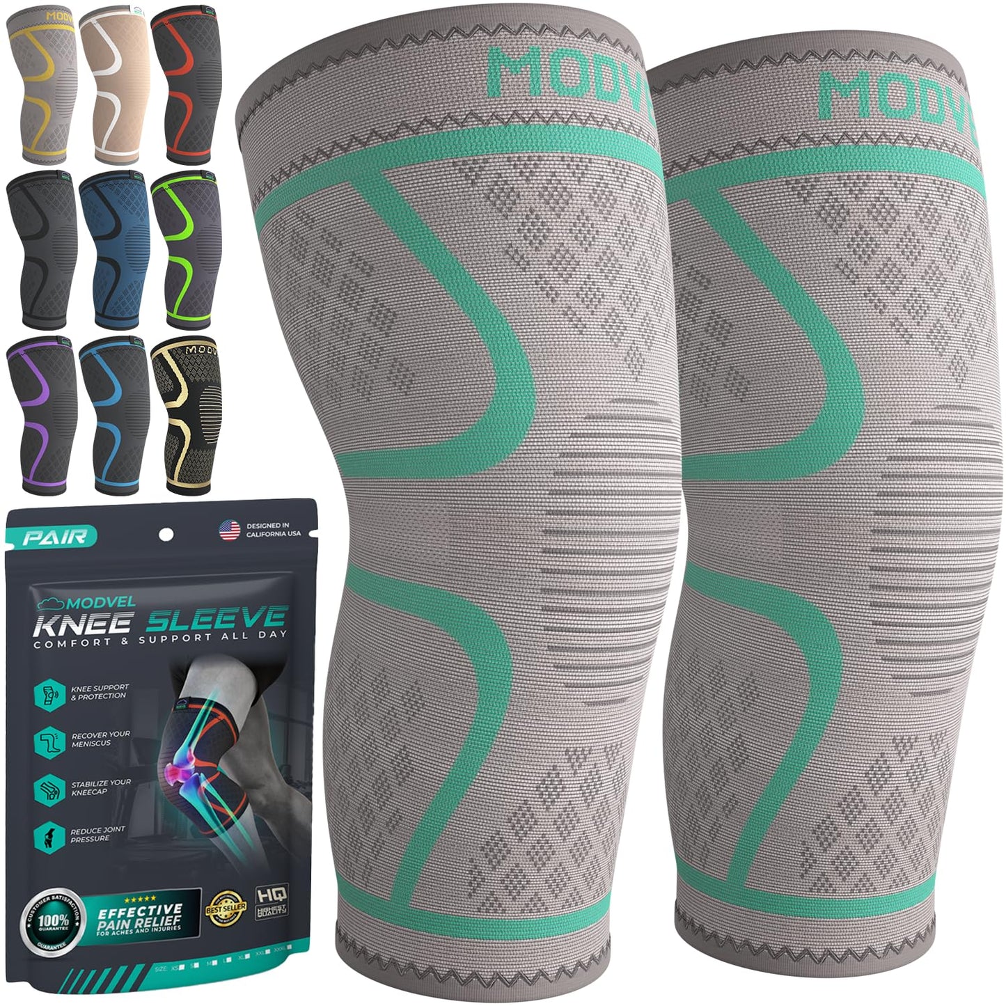 Modvel Compression Knee Brace - 2-Pack Support Sleeves for Running & Pain Relief | Meniscus Tear & ACL Recovery