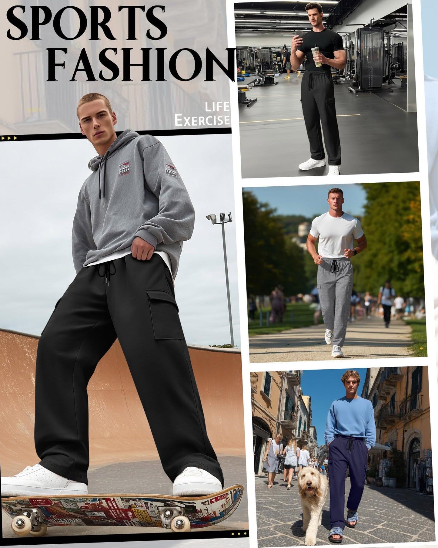 Neer 3 Pack Men's Cargo Sweatpants Baggy Open Bottom Joggers Straight Wide Leg Drawstring Lightweight Pants with Pockets(Black, Navy Blue, Light Mixed Gray,X-Large)