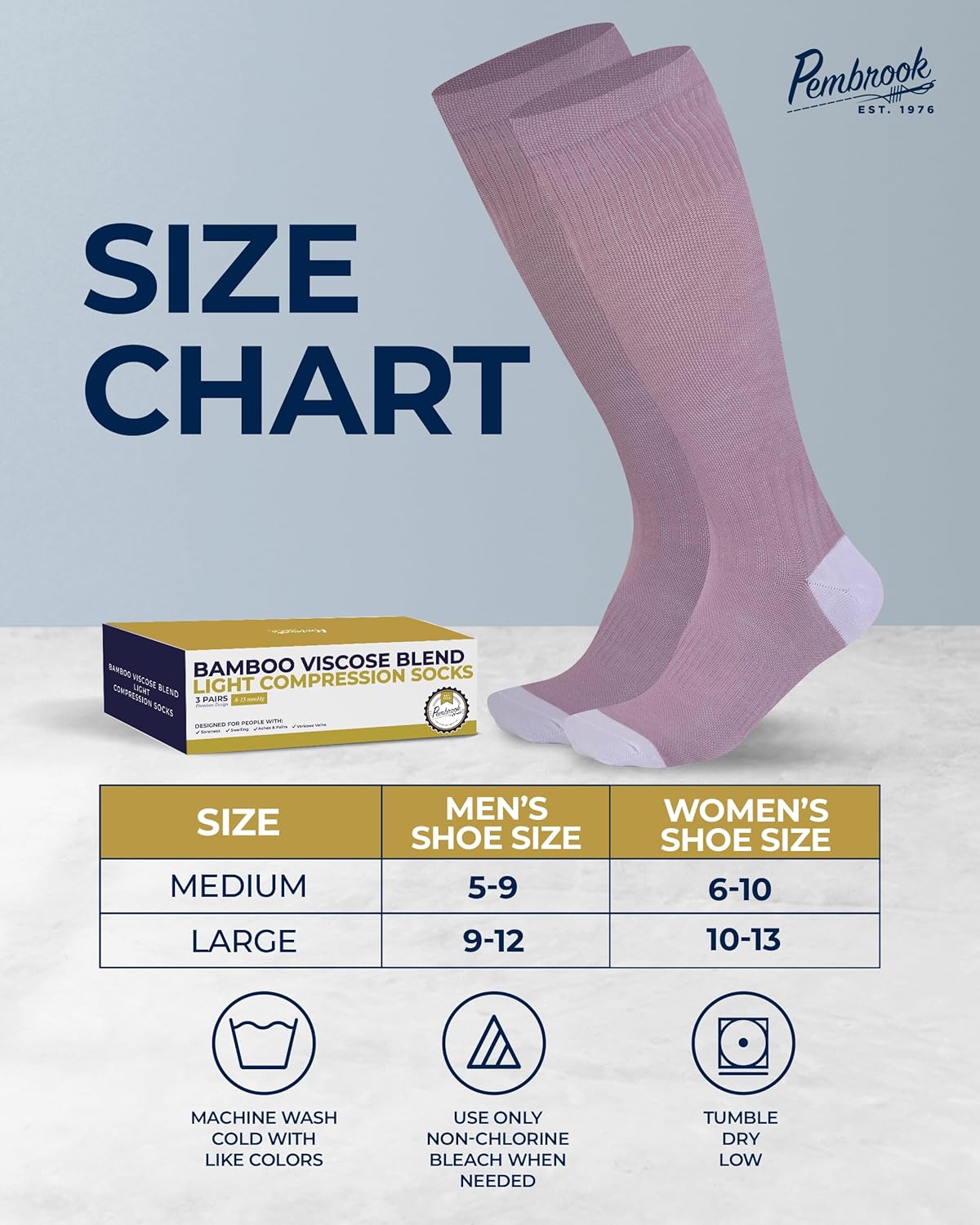 Pembrook Bamboo Viscose Compression Socks - 8-15 mmHg Light Support | 3 Pairs of Knee High Comfort