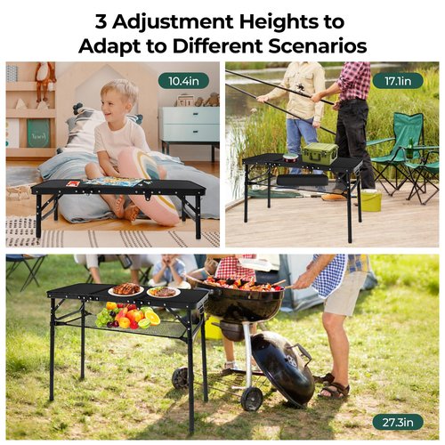 CJPWMT Folding Camping Table with Storage Net,3ft Portable Aluminum Folding Table with 3 Adjustable Height Max 27.3 Inch for Outdoor Backyard BBQ Picnic Cooking Tents Beach Indoor Bedroom（Black）