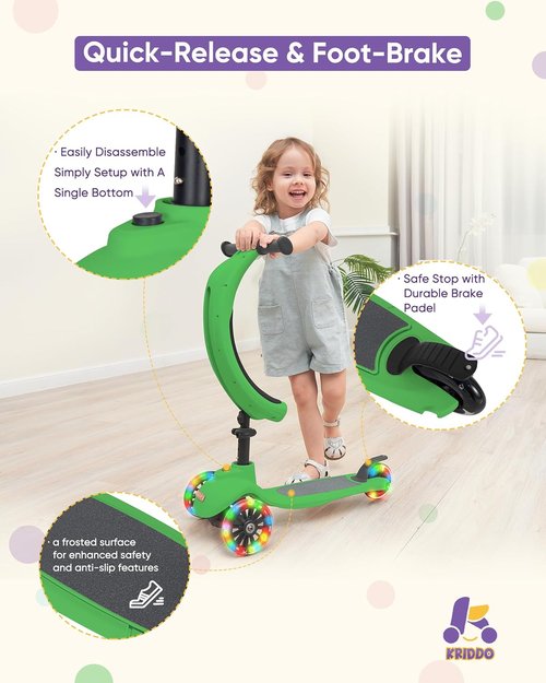 KRIDDO 3-in-1 Kids Scooter - Adjustable Height, Lighted Wheels & Wide Board | Ages 1-5, Indoor/Outdoor Use