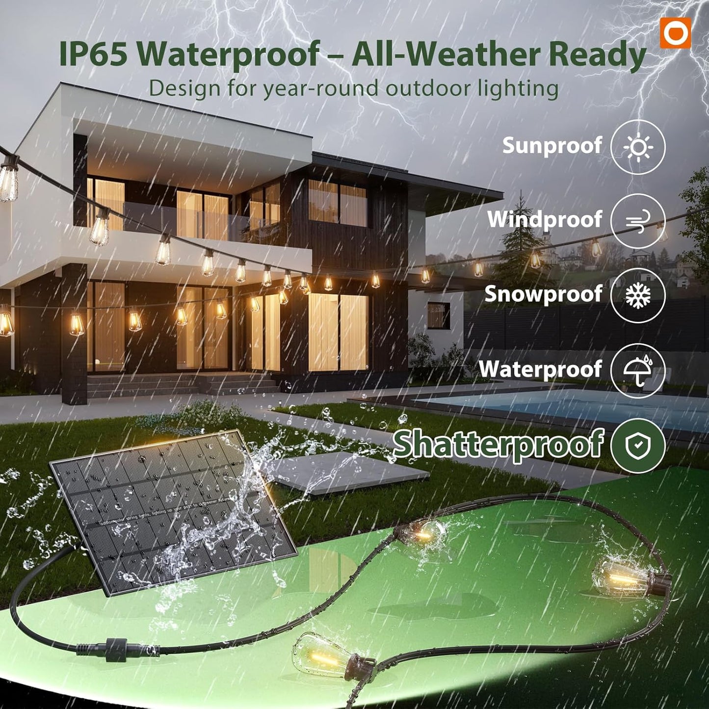 Solar String Lights Outdoor 102FT - 30+2 Waterproof LED Bulbs, Remote Control, Dimmable, 3 Modes for Patio & Garden
