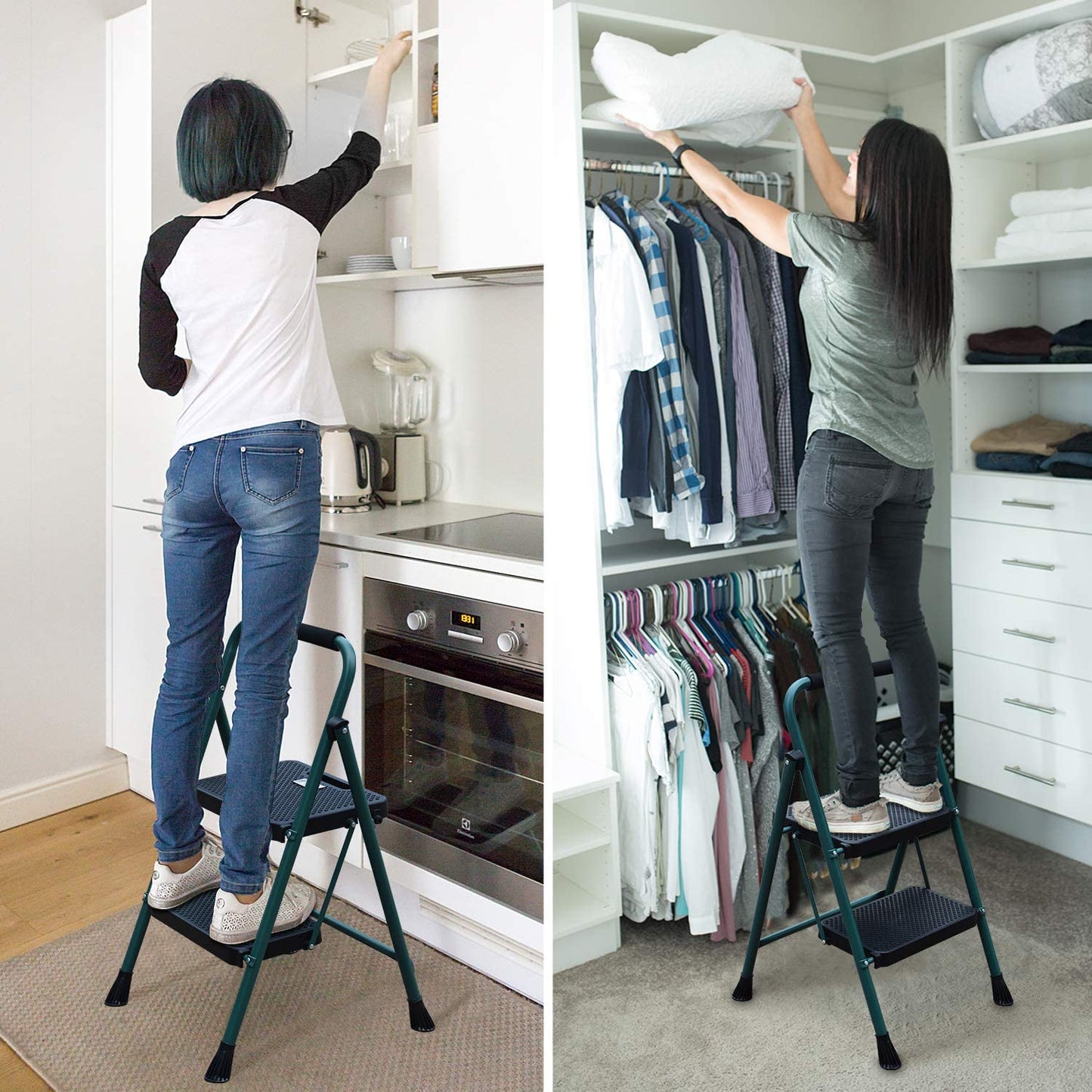 HBTower 2 Ladder, 5FT Folding Step Stool with Wide Anti-Slip Pedal, Sturdy Steel Ladder, Convenient Handgrip, Lightweight 500lbs Portable, Green