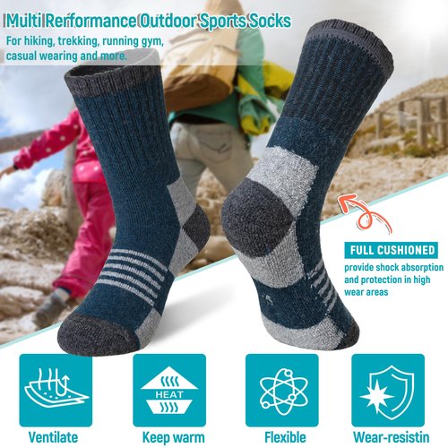 Velice Kids Merino Wool Hiking Socks Toddler Boys Girls Winter Warm Thermal Thick Cushion Crew Boot Socks 6 Pairs(Black/Grey/Blue, 13-15 Years)