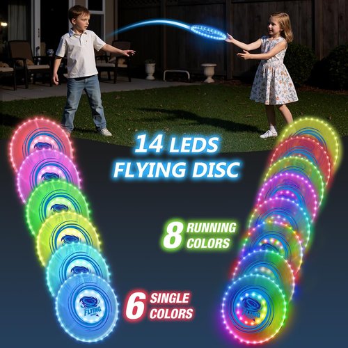 HYES Light Up Flying Discs - 45 LEDs, 14 Lighting Modes | Rechargeable Glow in The Dark Rings for Outdoor Fun