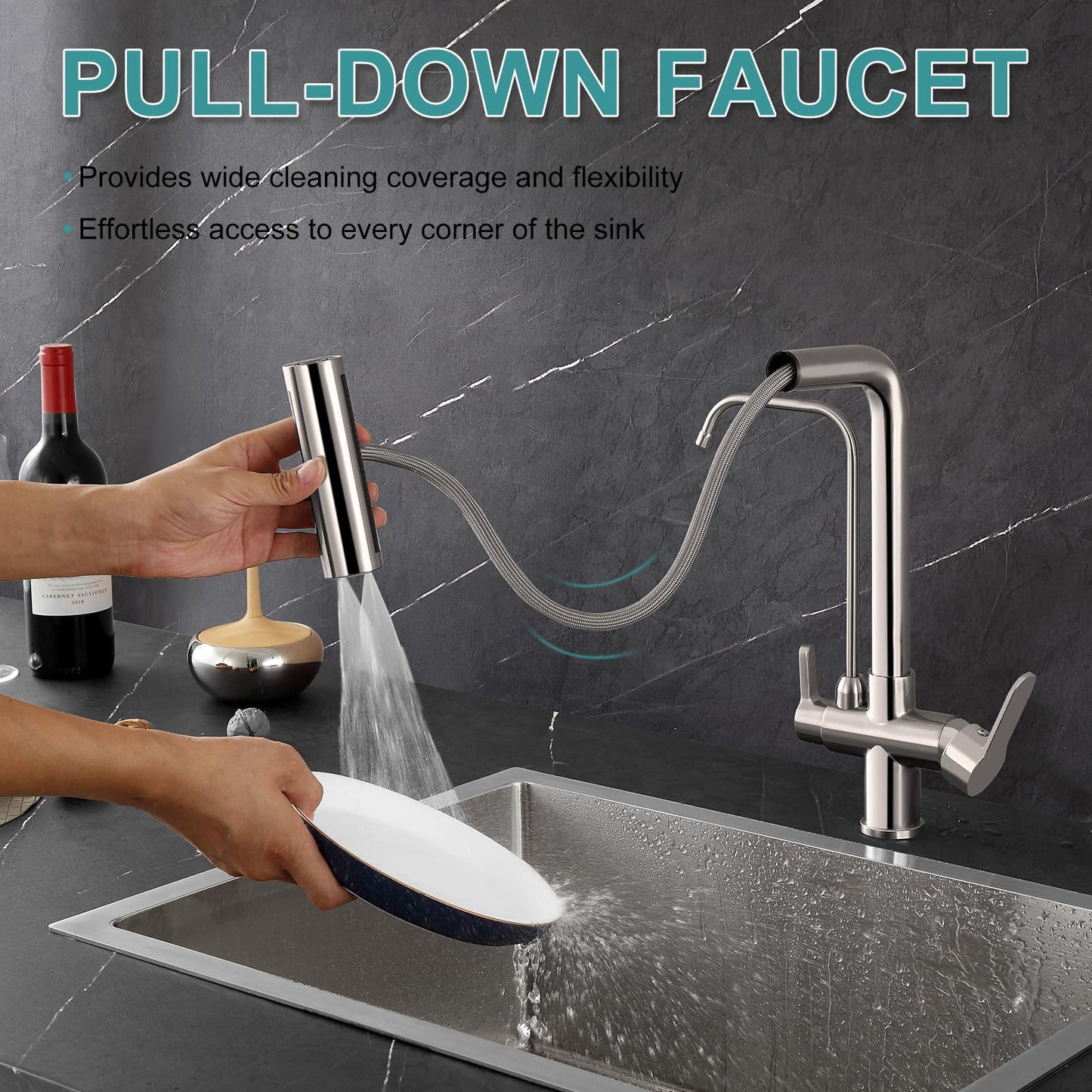 KINKIB Waterfall Kitchen Faucet with Filter - Pull Down Kitchen Faucet with 4 Spray Modes, RO System Compatible, Dual Handle Lead-Free Brass Design, Brushed Nickel