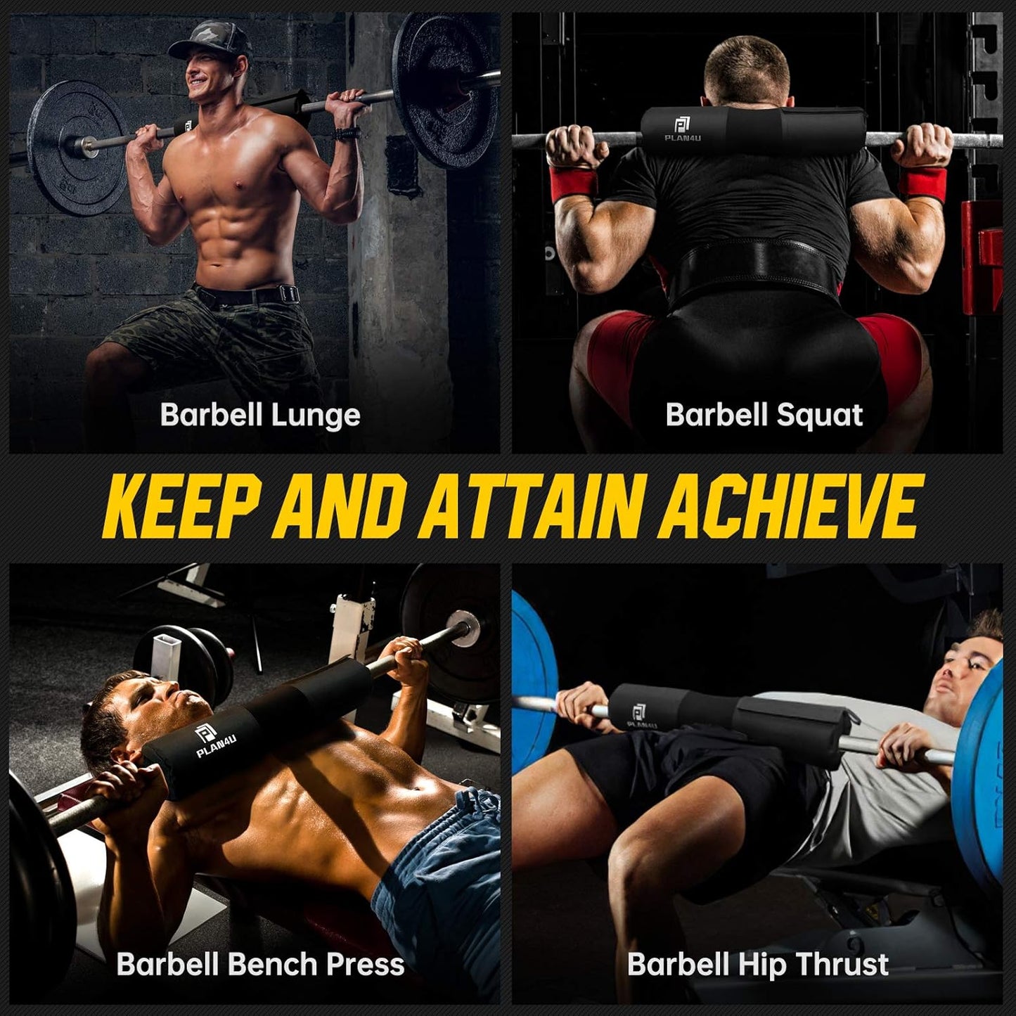 Plan4U Barbell Pad Set - Upgraded Foam Cushion for Squats & Hip Thrusts | Fits Standard & Olympic Bars